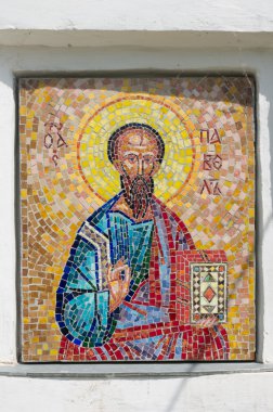 Pskov, Rusya Federasyonu. Peter Kilisesi ve Paul Bui için duvardaki mozaik simgesi