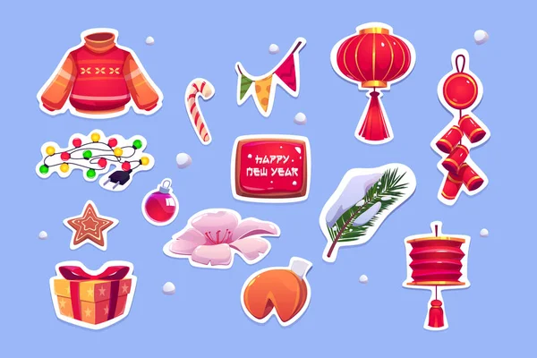 Etiquetas de Ano Novo Chinês com lanterna vermelha —  Vetores de Stock