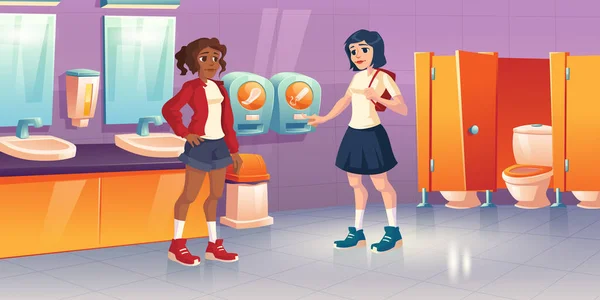 Filles dans les toilettes publiques avec distributeur automatique de tampons — Image vectorielle