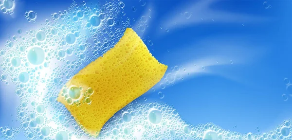 Espuma limpiadora con esponja amarilla y burbujas. — Vector de stock
