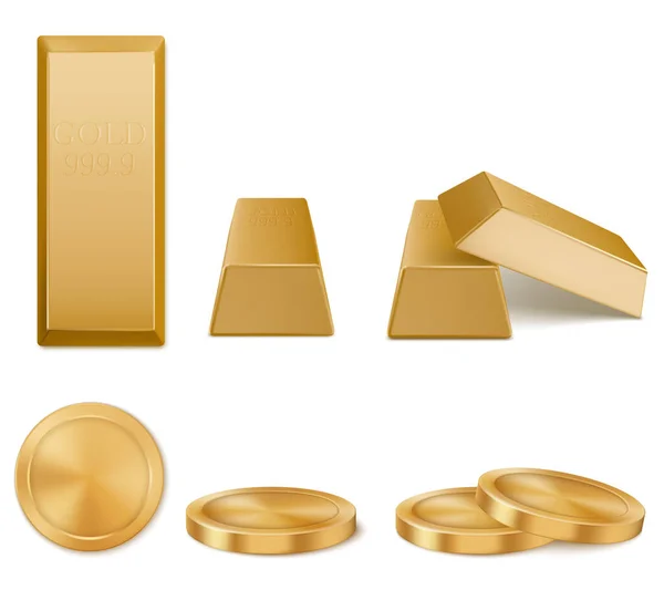 Goldbarren, gelbe Metallbarren und Münzen — Stockvektor