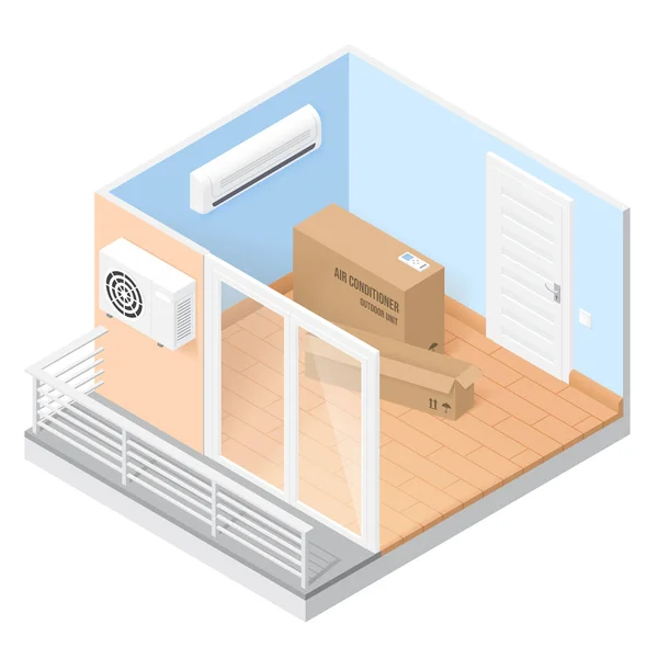 Air conditioner in empty room with balcony — Stock Vector
