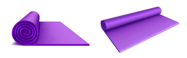 Tapis de yoga dessus et vue latérale, matelas roulé violet — Image vectorielle