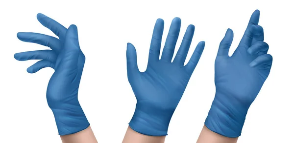 Luvas médicas de nitrilo azul nas mãos —  Vetores de Stock
