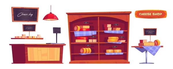 奶酪店产品和室内装饰图标设置 — 图库矢量图片