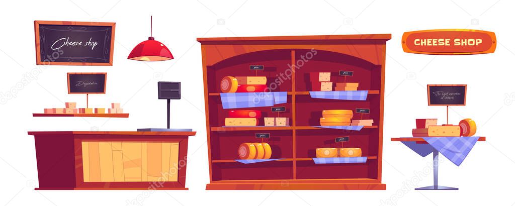 Cheese shop products and interior stuff icons set
