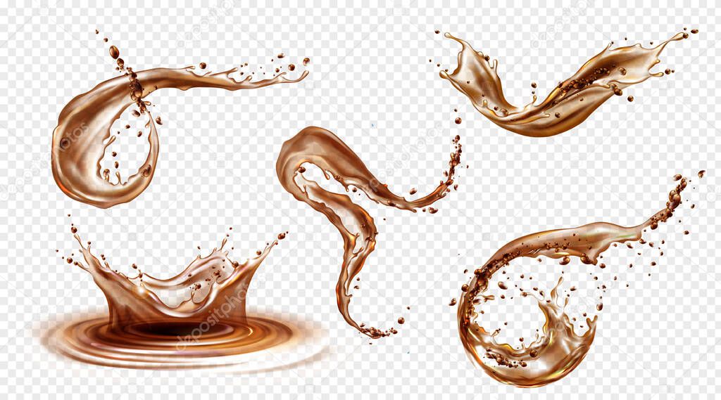 Vector realistic splashes of coffee, cola or whiskey