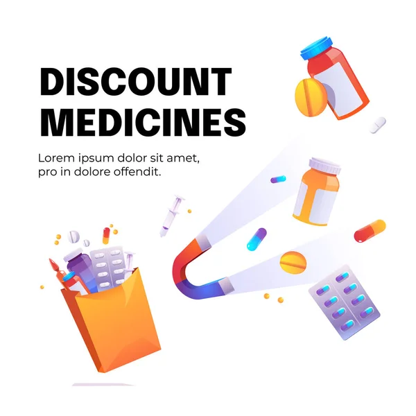 Descuento medicamentos póster de dibujos animados con imán — Vector de stock