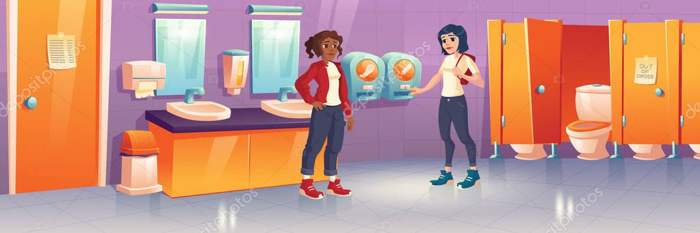 Women in public toilet automat with hygienic pads — Stock Illustration Women in public toilet automat with hygienic pads Royalty Free Stock Vectors