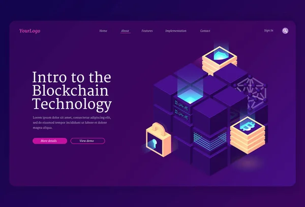 블록체인 기술의 소개 isometric 착륙 — 스톡 벡터