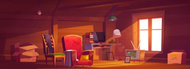 Eski eşyalarla tavan arası, pencereli tavan arası.