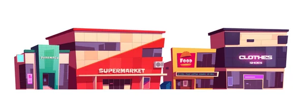 Edificios de tiendas, tiendas de ropa, fachadas de supermercados — Vector de stock