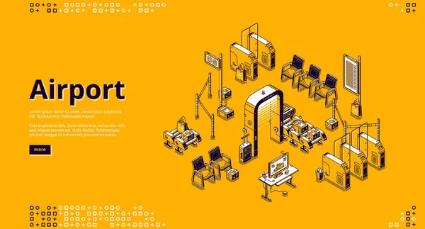 Aeroporto página de destino isométrica, controle de passageiros — Vetor de Stock