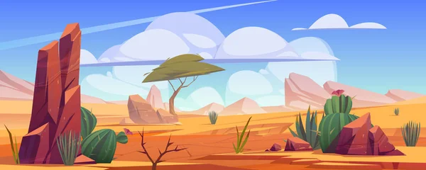 Desert landscape with rocks, tree and cactuses — Stock Illustration Desert landscape with rocks, tree and cactuses Royalty Free Stock Illustrations