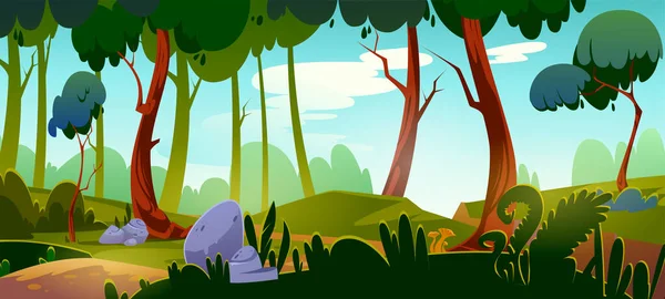 Fondo del bosque de dibujos animados, paisaje del parque natural — Vector de stock