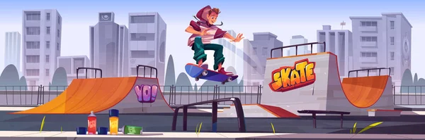 Skate park z chłopcem jeżdżącym na deskorolce — Wektor stockowy