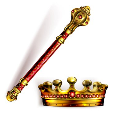 Golden scepter and crown for king or queen vector clipart
