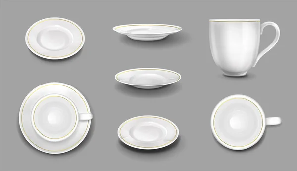 Plaques ou tasses blanches avec bordure or ensemble isolé — Image vectorielle