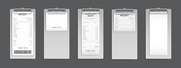 Cash receipt on clipboard, paper bill, invoice set — Stock Vector