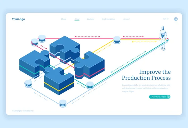 Proceso de producción mejorar la landing page isométrica — Archivo Imágenes Vectoriales