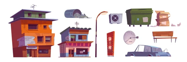 Ghetto buildings, litter bin, car, bar signboard — 图库矢量图片