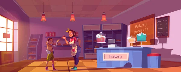 Chica comprando productos en panadería, confitería — Vector de stock