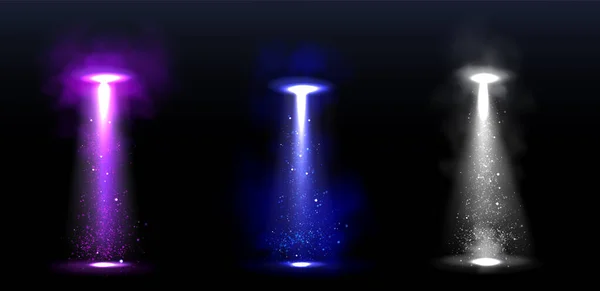 Feixes de luz Ufo, raios brilhantes da nave espacial alienígena — Vetor de Stock