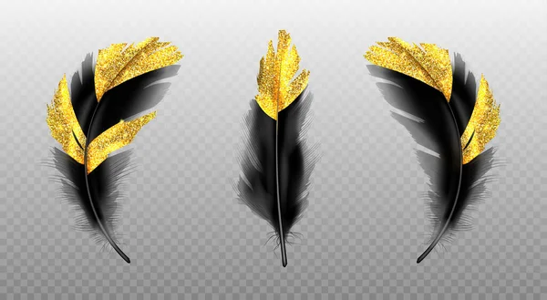 Vector set of black feathers with gold glitter — Stock Vector