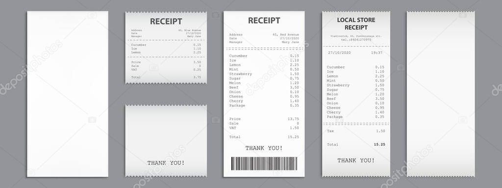 Shop receipts, paper cash checks with barcode