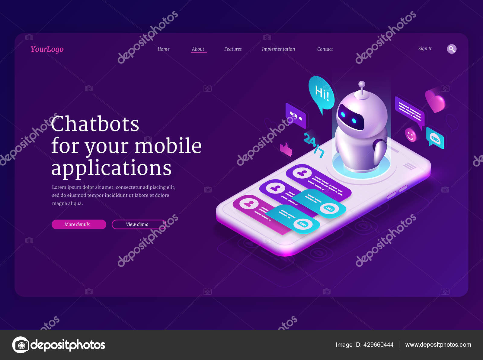 모바일 채팅 봇 앱 isometric landing page, banner 스톡 벡터 - ©klyaksun 429660444