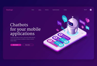 Mobil sohbet robotu uygulaması izometrik iniş sayfası, pankart