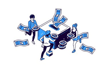 Para kutusu simgesi ve altın sikke izometrik