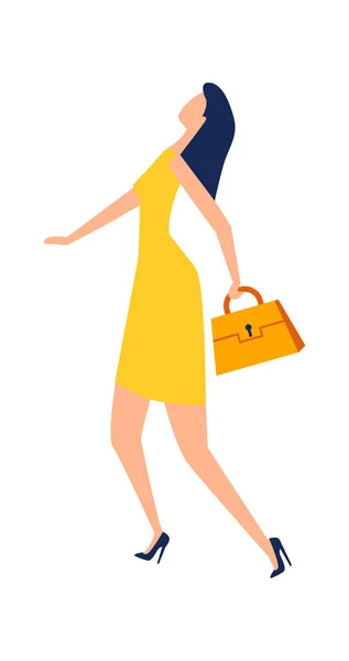 Frau in gelbem Kleid und Tasche in der Hand eilt — Stockvektor