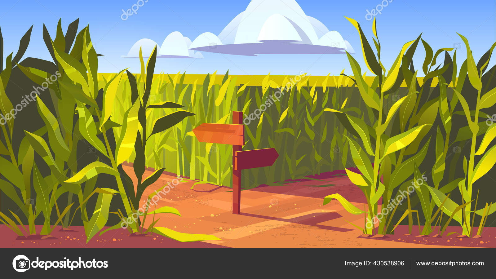緑のトウモロコシ畑は、植物砂の道路漫画をトウモロコシ ストックベクター ©klyaksun 430538906, image size:1600x900