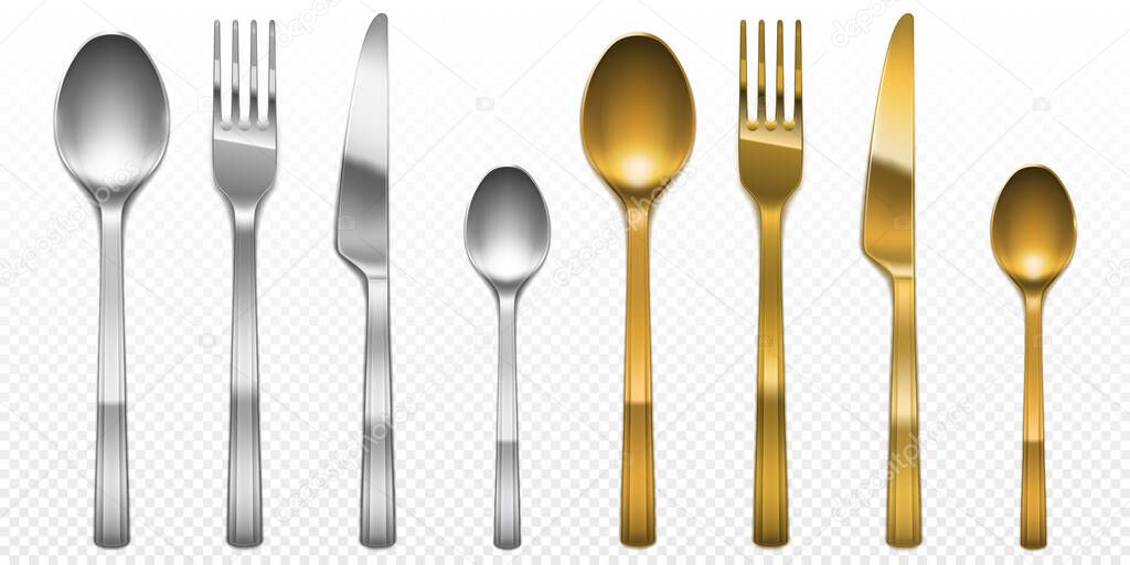 3d cutlery golden and silver fork, knife and spoon