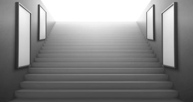 3D merdivenler ışığa gidiyor, boş beyaz LCD ekranlar