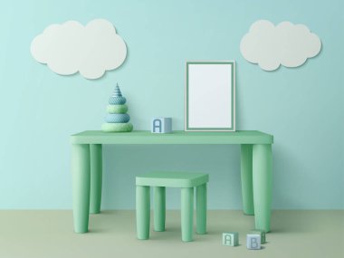 Poster modeli, sandalye ve oyuncak küplü çocuklar masası.