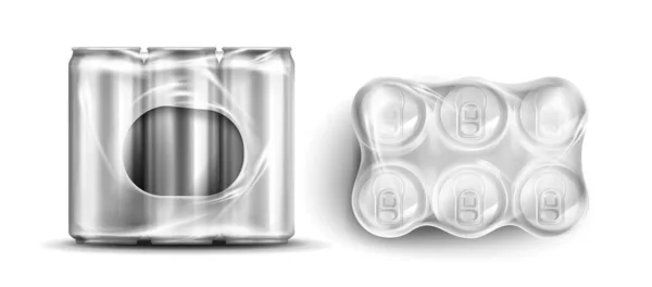 Boîtes de conserve en plastique, six pots de soda ou de bière — Image vectorielle