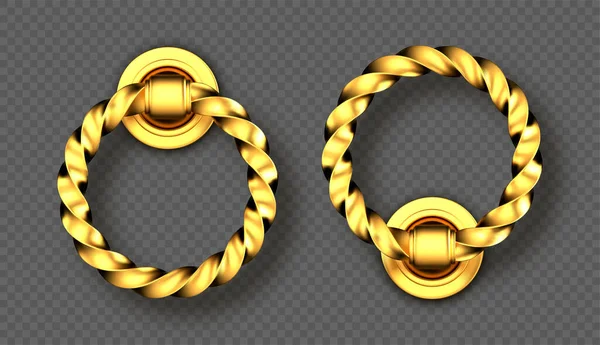 Golpeador de puerta de oro realista, anillos de asas retorcidas — Vector de stock