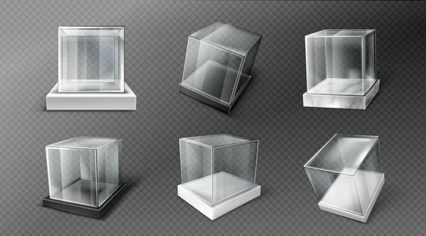 Glass cube boxes, clear acrylic showcases — Stock Vector