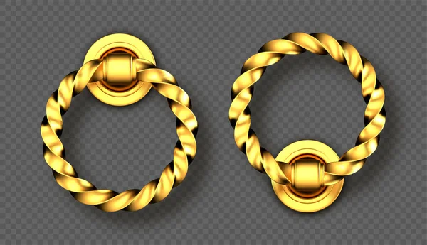 Realistic gold door knocker, twisted handles rings — Stock Vector
