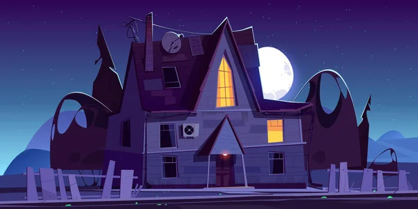 Old scary house with glow windows at night — Stock Vector