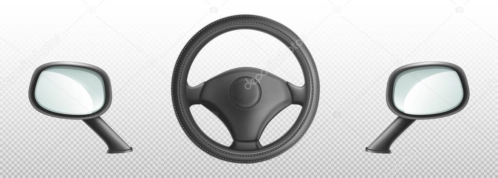 Car steering wheel and side rear view mirrors