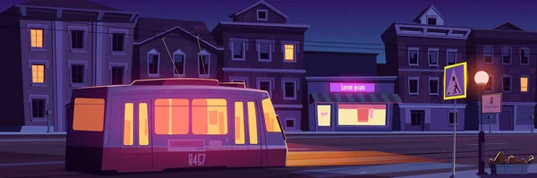 Δρόμος της πόλης με σπίτια και τραμ τη νύχτα — Διανυσματικό Αρχείο
