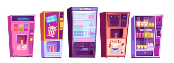 Vending machines with snacks and drinks icons set — Stock Vector