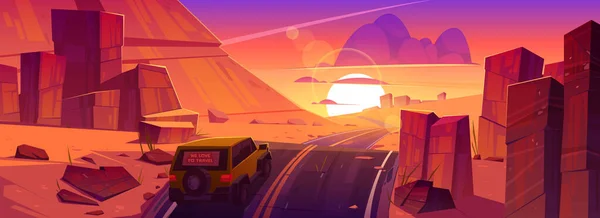 Samochód jazdy drogowego o zachodzie słońca pustyni kanion krajobraz — Wektor stockowy