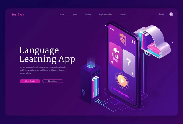 Jazykové vzdělávání app banner, on-line vzdělávání — Stockový vektor