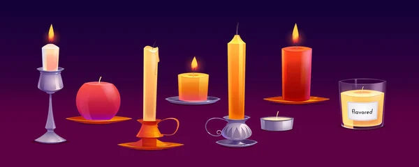 Velas de cera ardiendo diferentes formas con fuego — Vector de stock