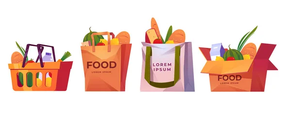 Sacos de compras, cesta de mercado e caixa com supermercado — Vetor de Stock
