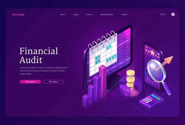 Financial audit isometric landing page, tax report — Stock Vector